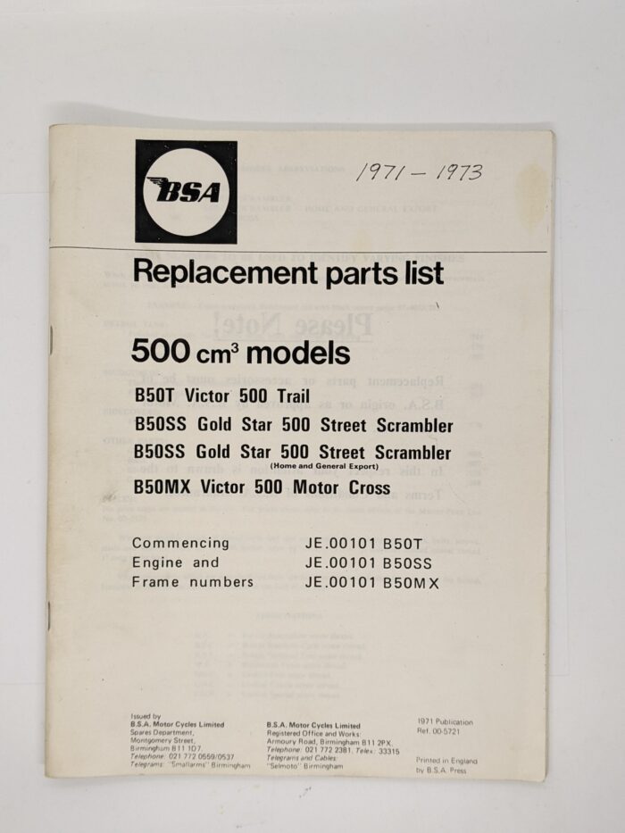 MP17-5721 Replacement Parts/Spares List, BSA B50, 1971