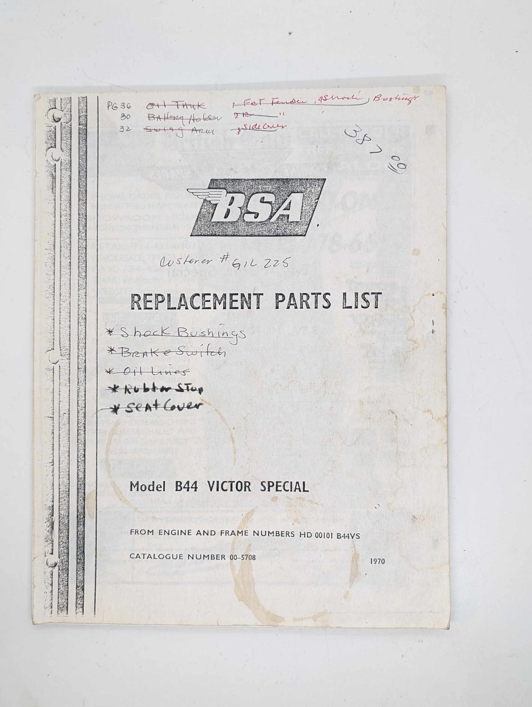 MP17-005708 Replacement Parts/Spares List, BSA B44 Victor Special, 1970
