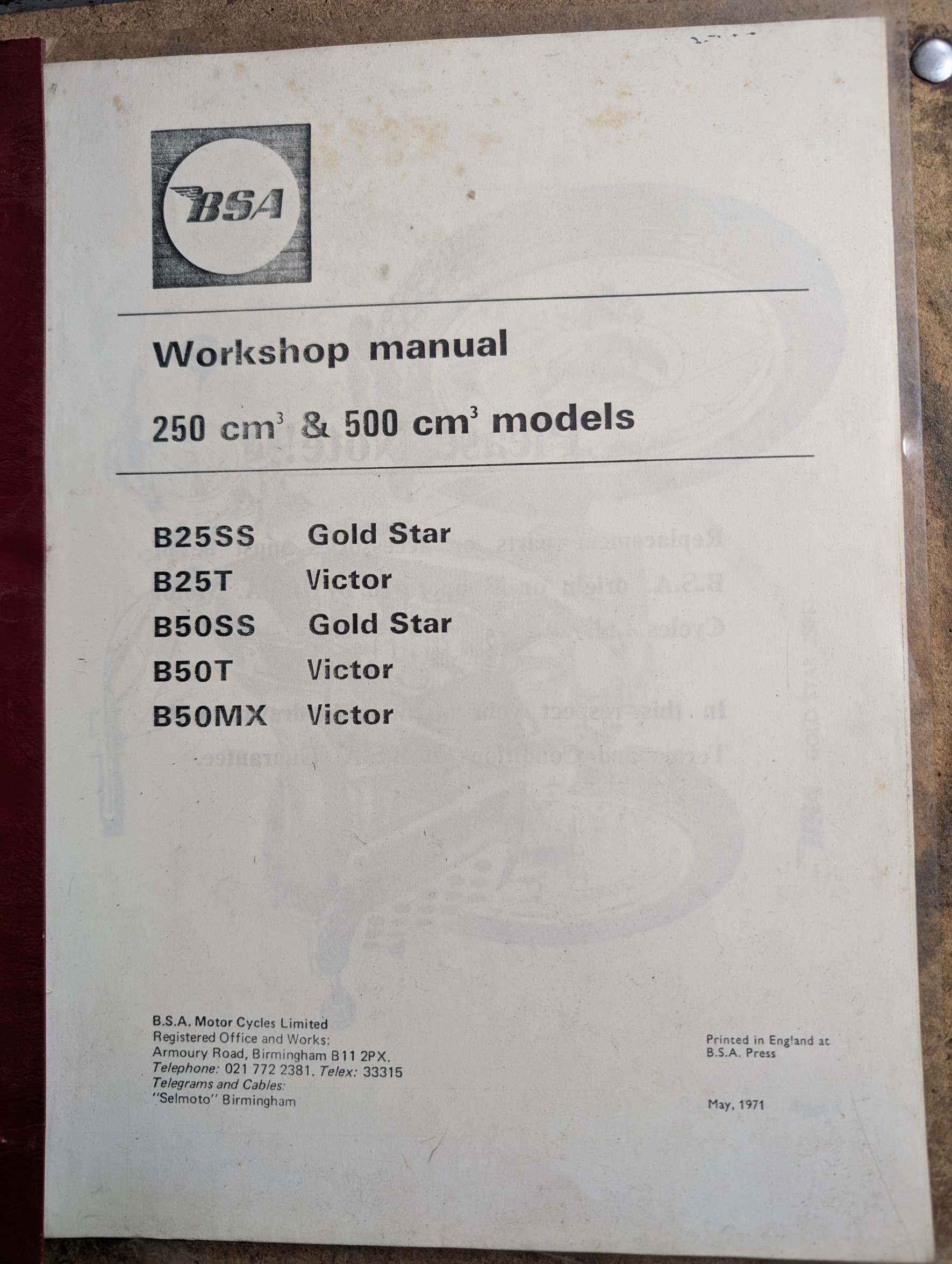 B25/71 Factory BSA Workshop Manual 250/500, 1971 - Photocopy