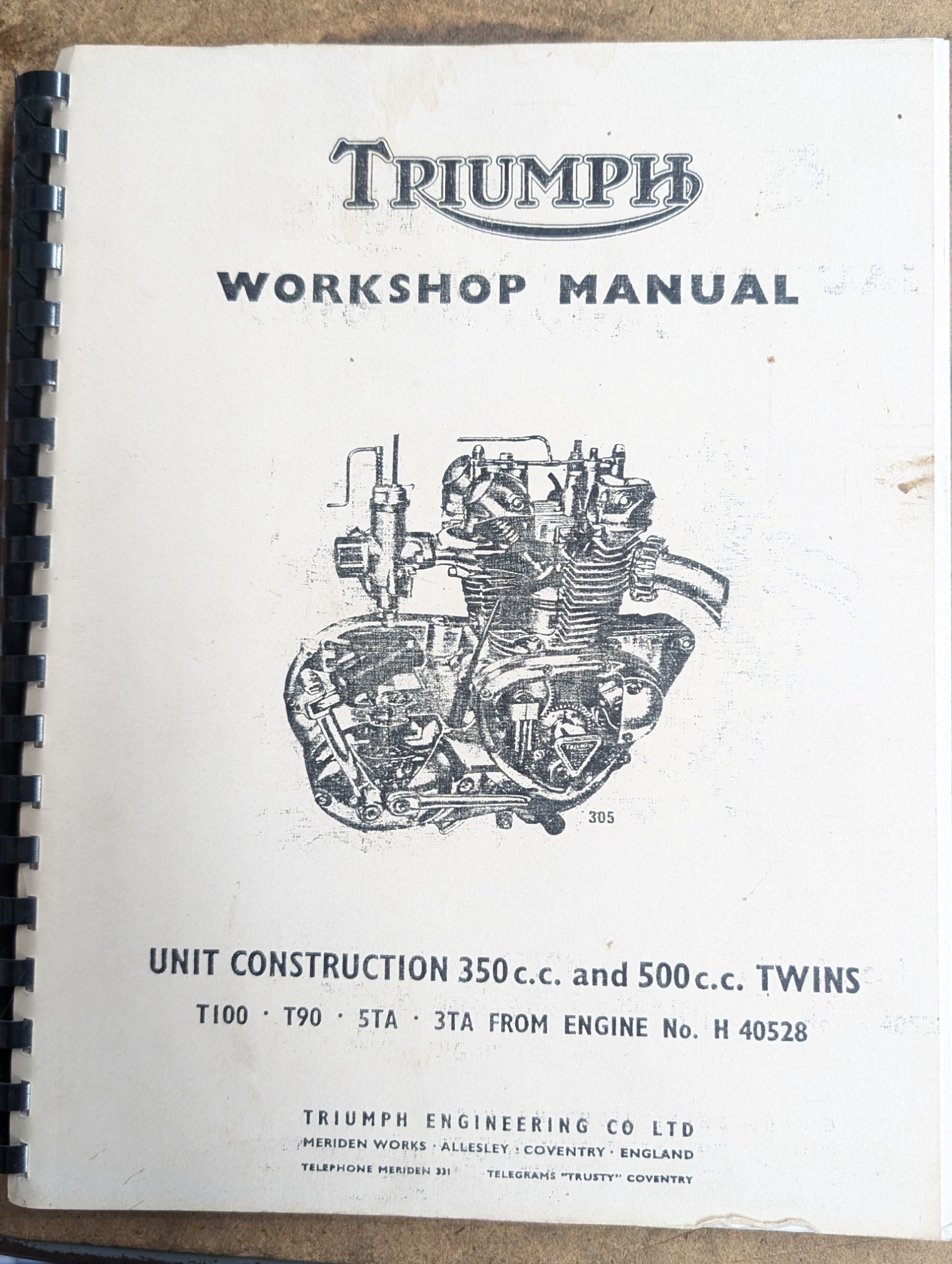 99-0948 Factory Triumph Workshop Manual for 350/500 Twins 3TA/5TA/T90/T100 - Photocopy
