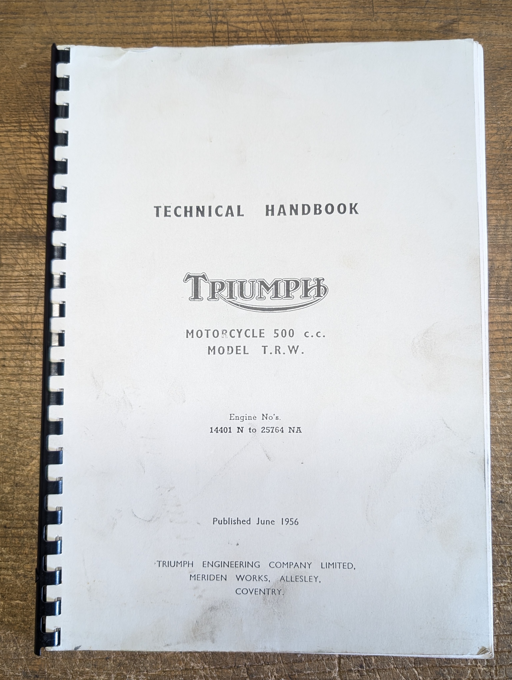 TRW/56 Triumph Technical Handbook for 500 TRW - Bound